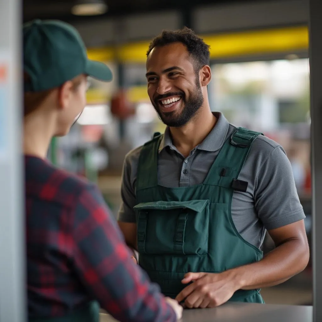 Empleado sonriente atendiendo a cliente