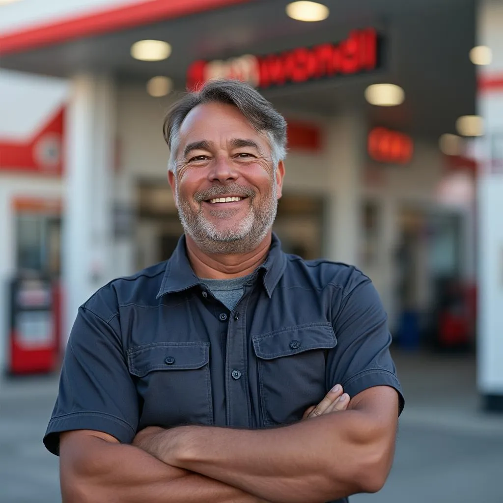 Cliente feliz cargando combustible con su familia